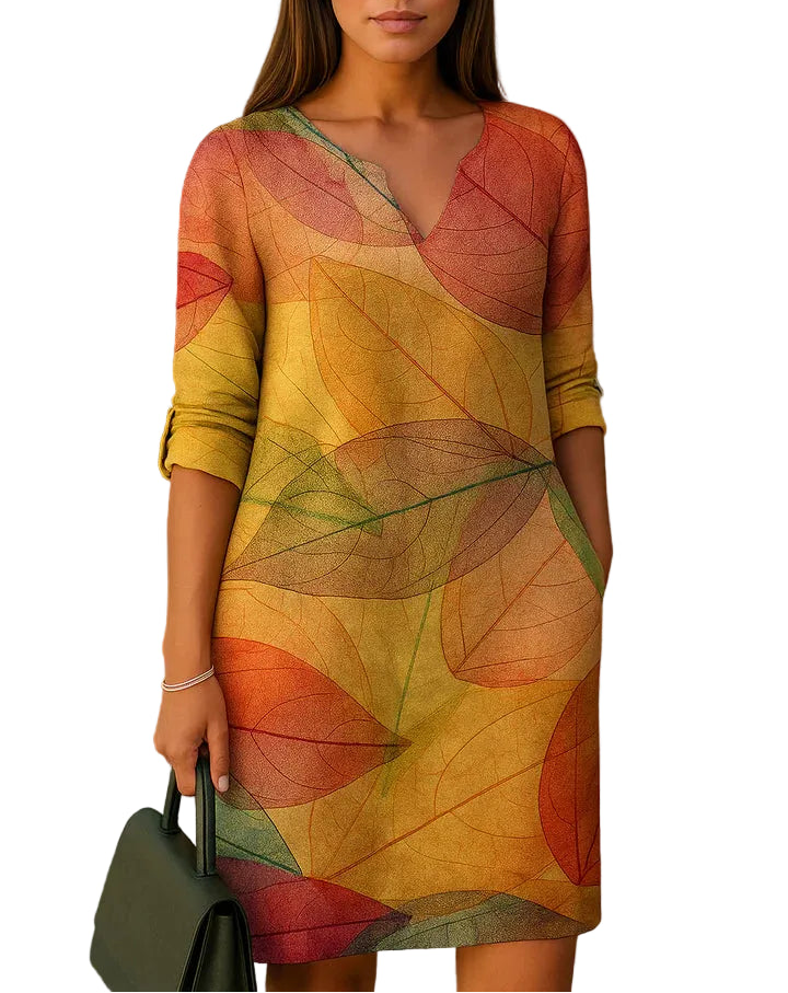 Robe femme droite imprimé feuilles à encolure en V