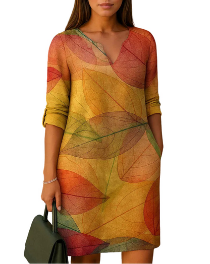 Robe femme droite imprimé feuilles à encolure en V