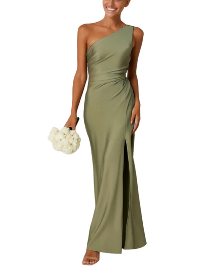 Robe longue femme à une épaule avec fronces à la taille