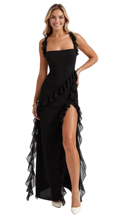 Robe longue sans manches pour femme avec bordure à volants-Maxi Dress-Gigié