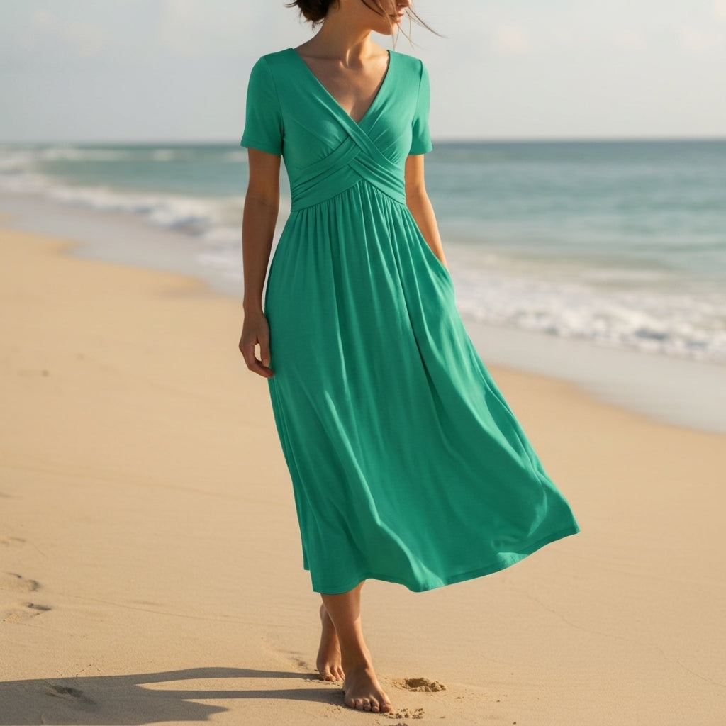 Robe midi à col en V pour femme avec détail portefeuille 2