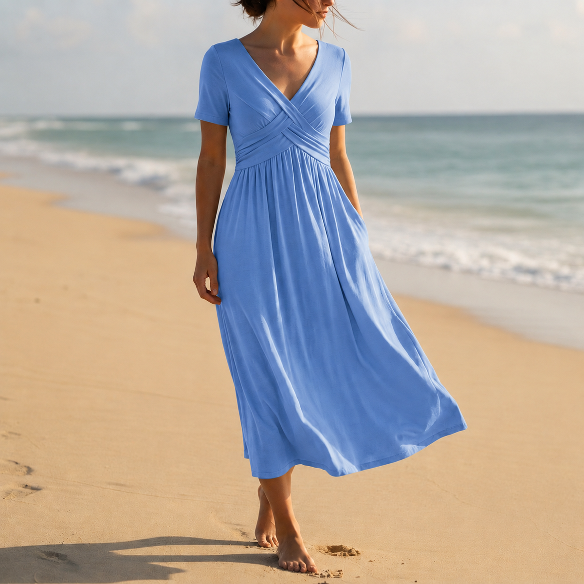 Robe midi à col en V pour femme avec détail portefeuille 5