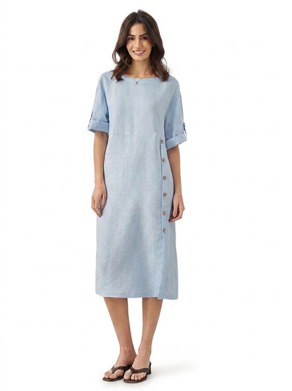 Robe midi à col rond pour femme avec boutons latéraux 1