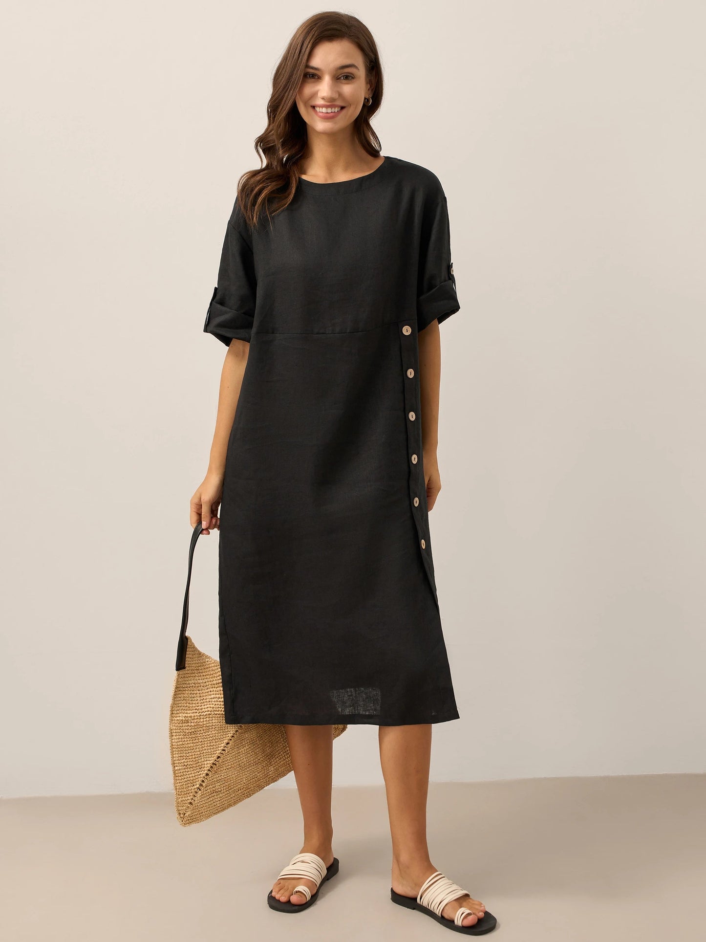 Robe midi à col rond pour femme avec boutons latéraux 13