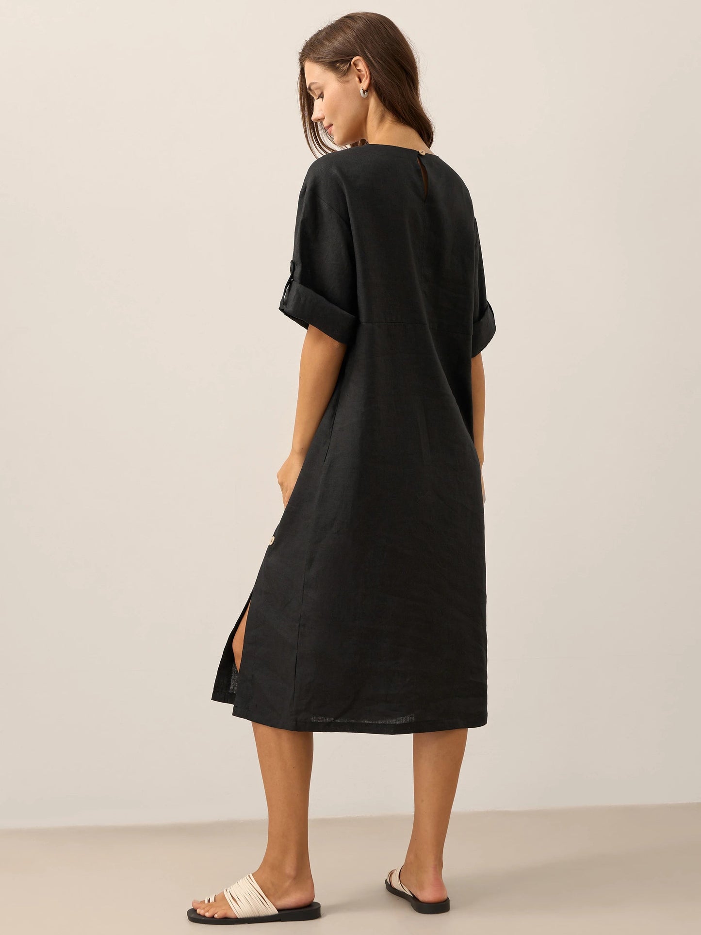 Robe midi à col rond pour femme avec boutons latéraux 14