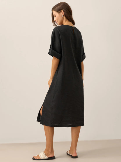 Robe midi à col rond pour femme avec boutons latéraux 14