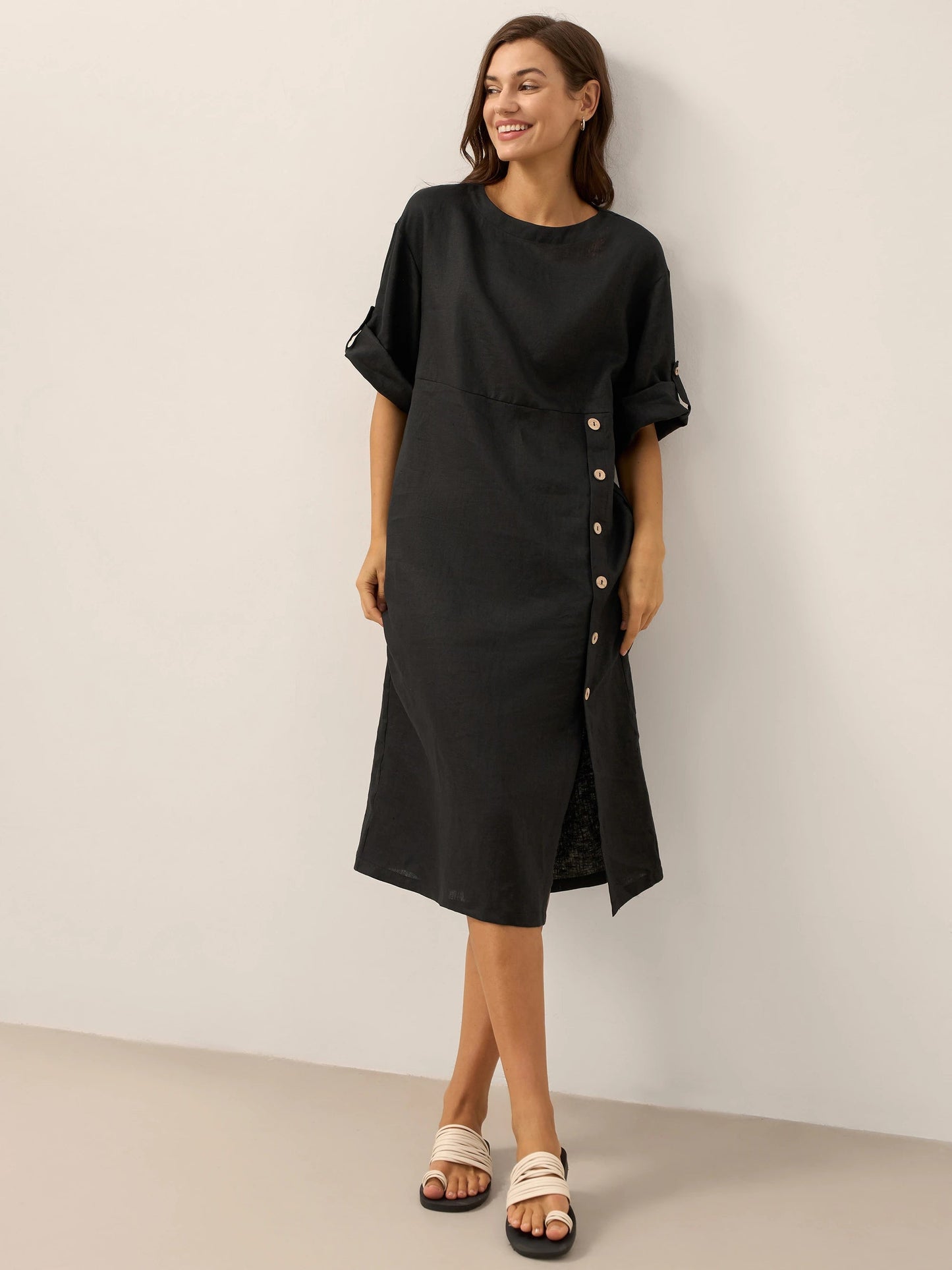 Robe midi à col rond pour femme avec boutons latéraux 15