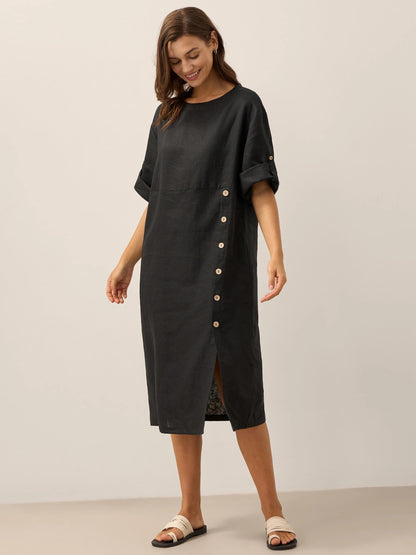 Robe midi à col rond pour femme avec boutons latéraux 16