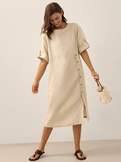 Robe midi à col rond pour femme avec boutons latéraux 23