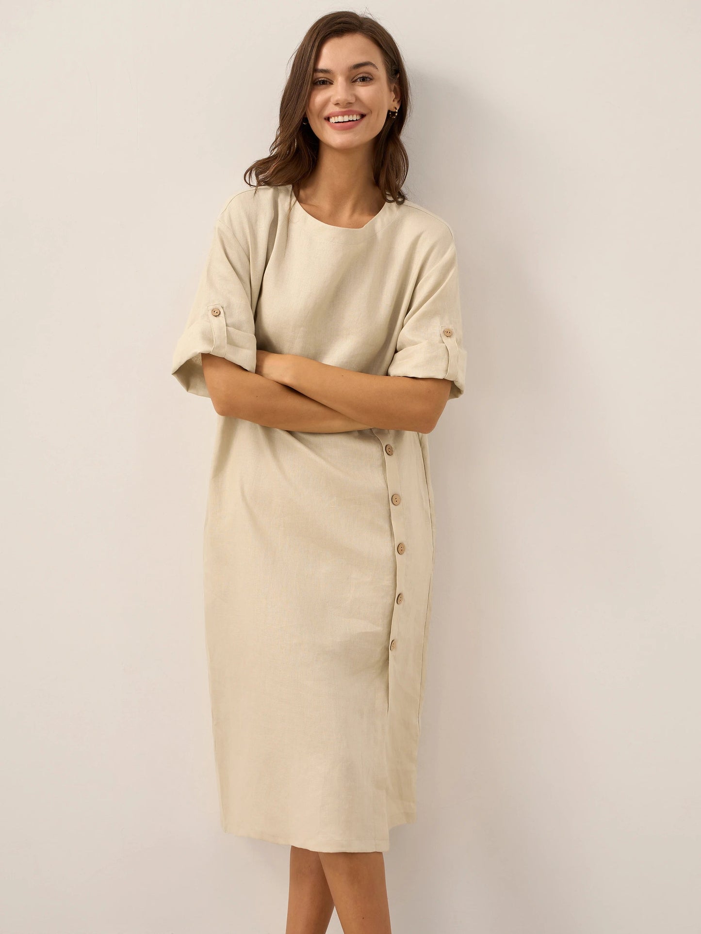 Robe midi à col rond pour femme avec boutons latéraux 24