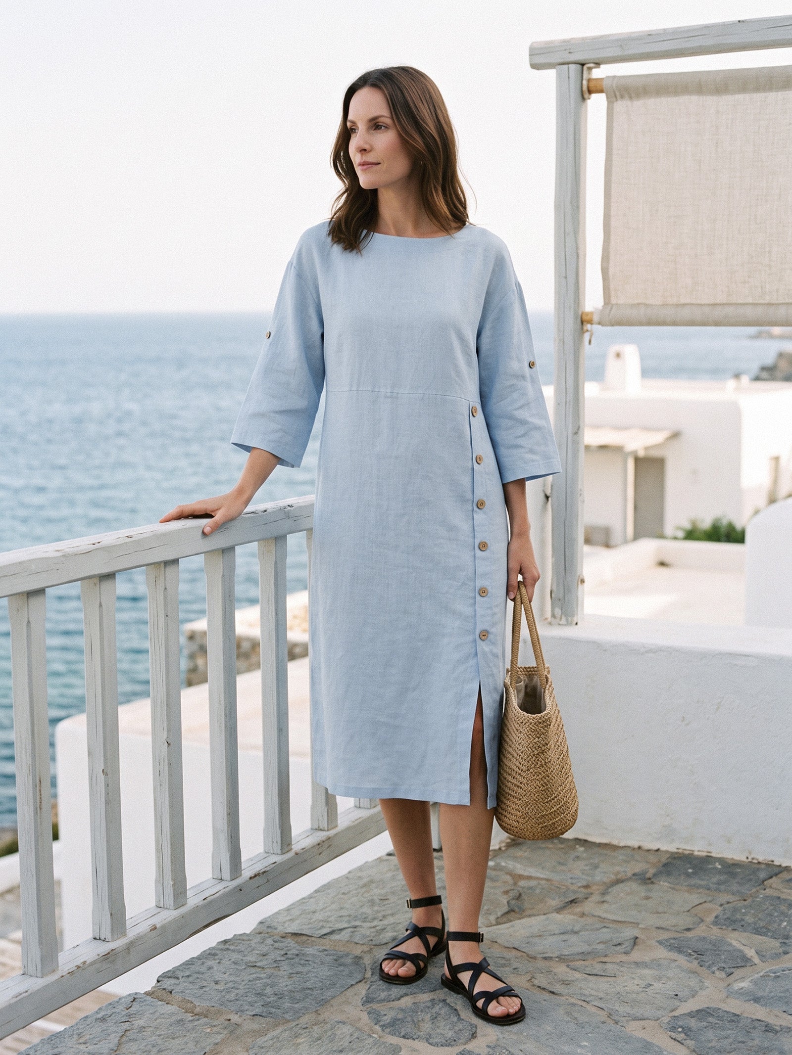 Robe midi à col rond pour femme avec boutons latéraux 3