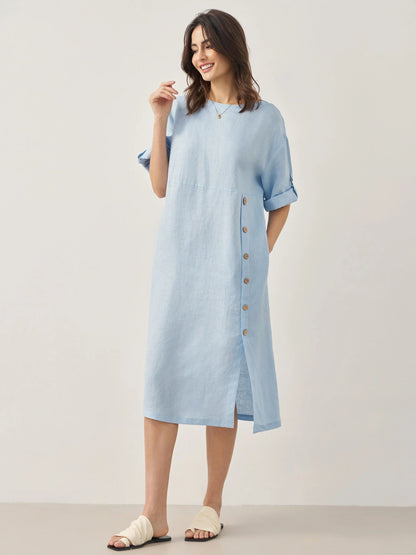 Robe midi à col rond pour femme avec boutons latéraux 4
