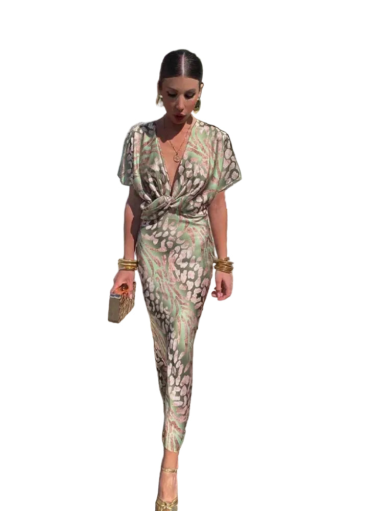 Robe midi imprimée à col en V pour femme