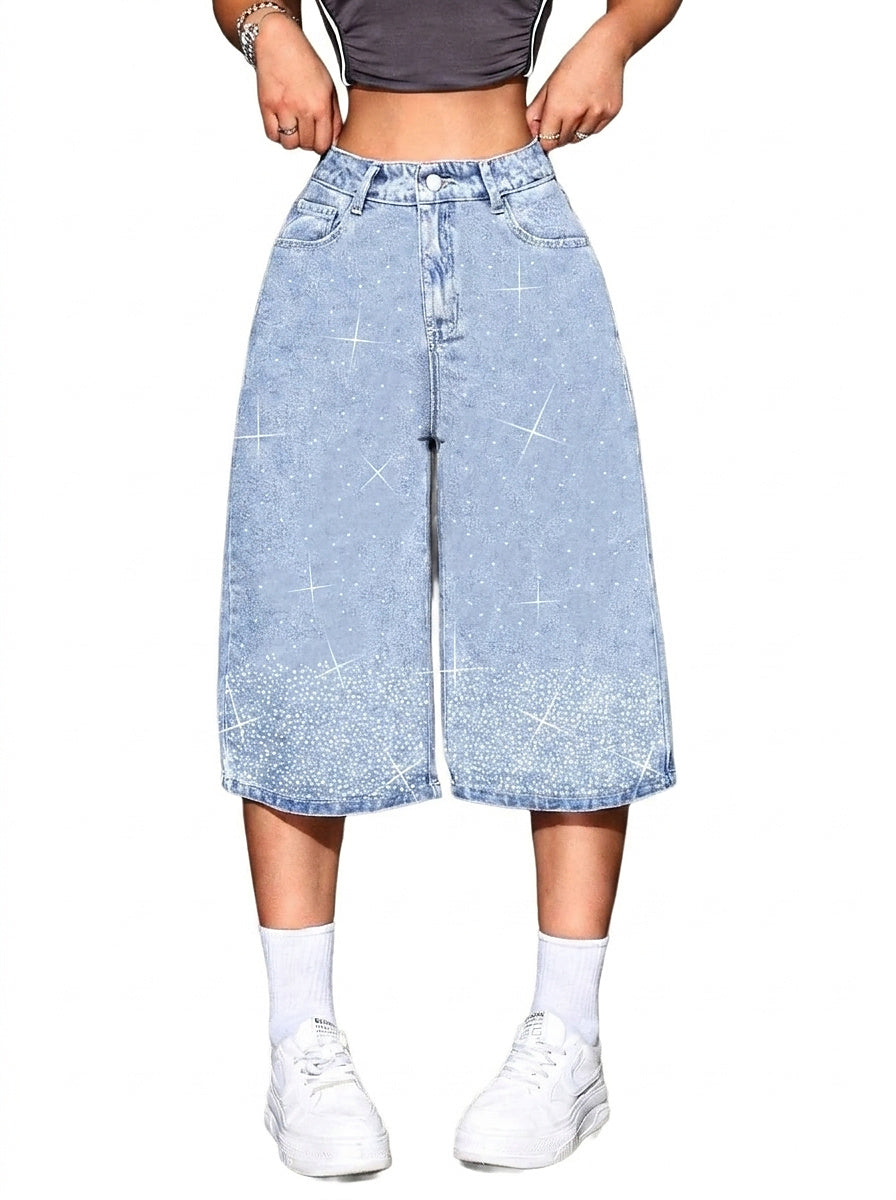 Shorts Bermuda Femme Taille Haute avec Strass 1