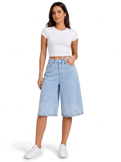 Shorts Bermuda Femme Taille Haute avec Strass 2