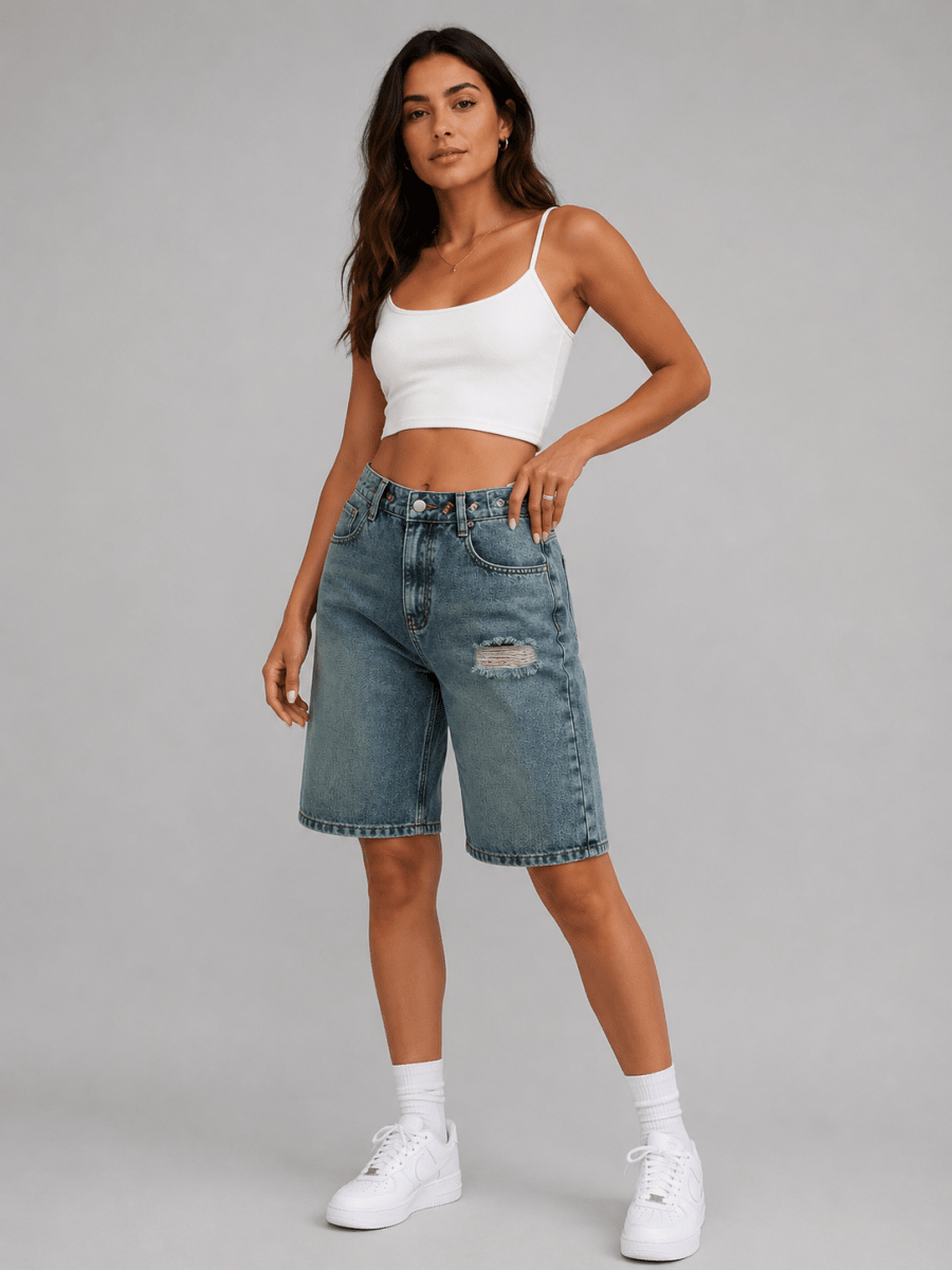 Shorts Bermuda en jean taille haute pour femme 2