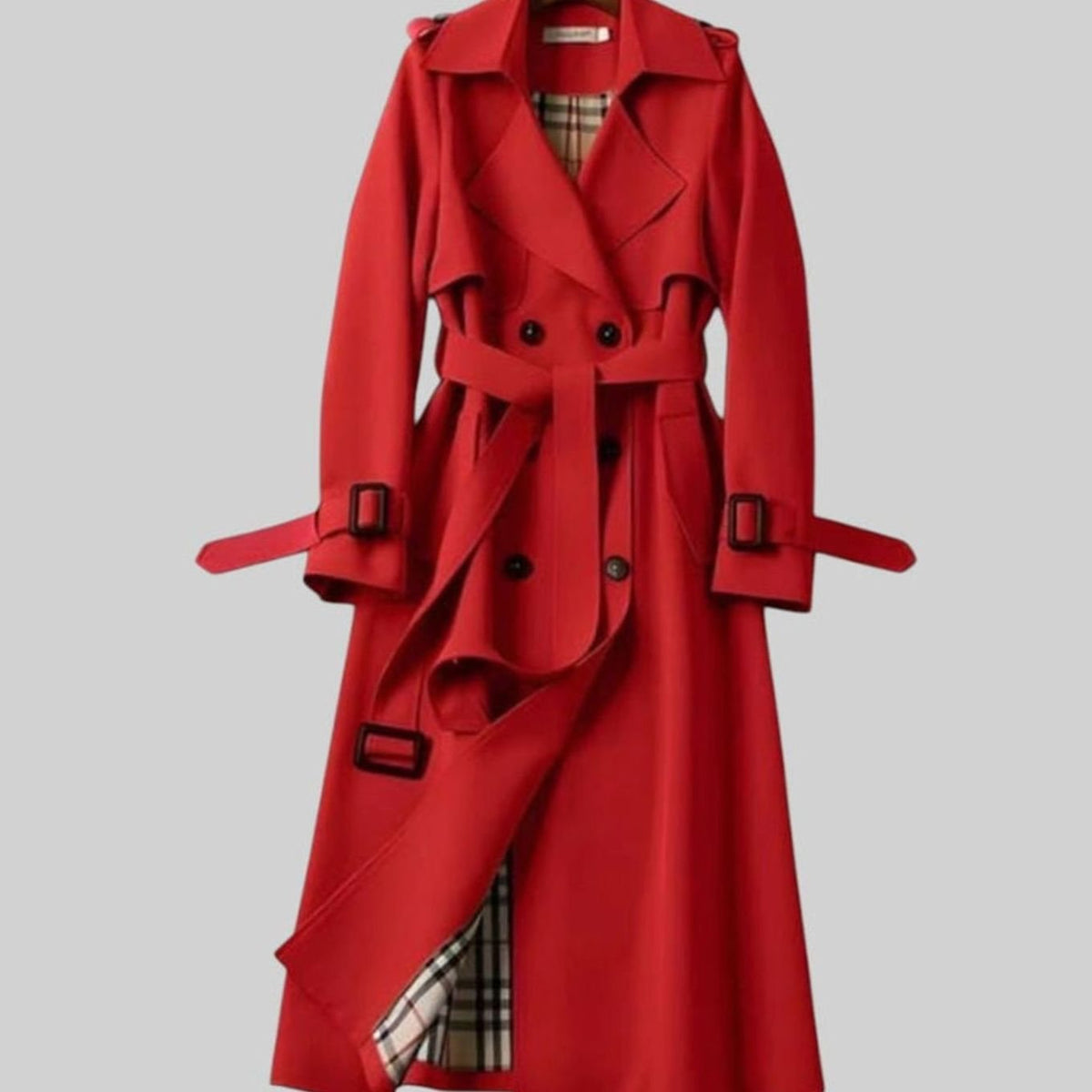 Trench-coat long pour femme avec ceinture et doublure à carreaux 10