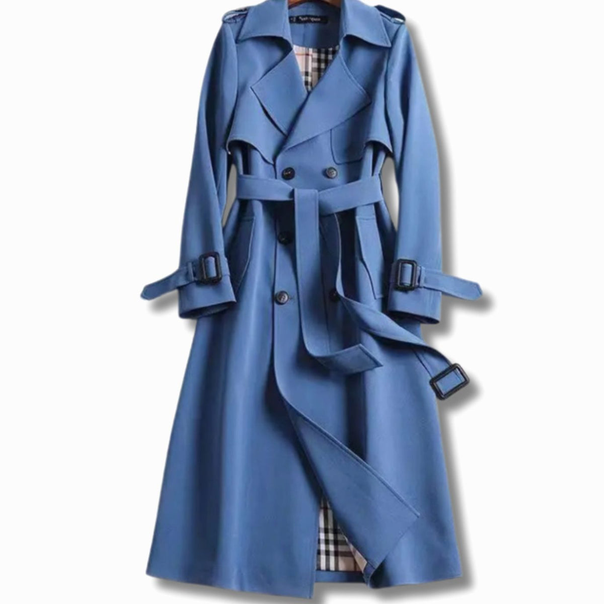 Trench-coat long pour femme avec ceinture et doublure à carreaux 7