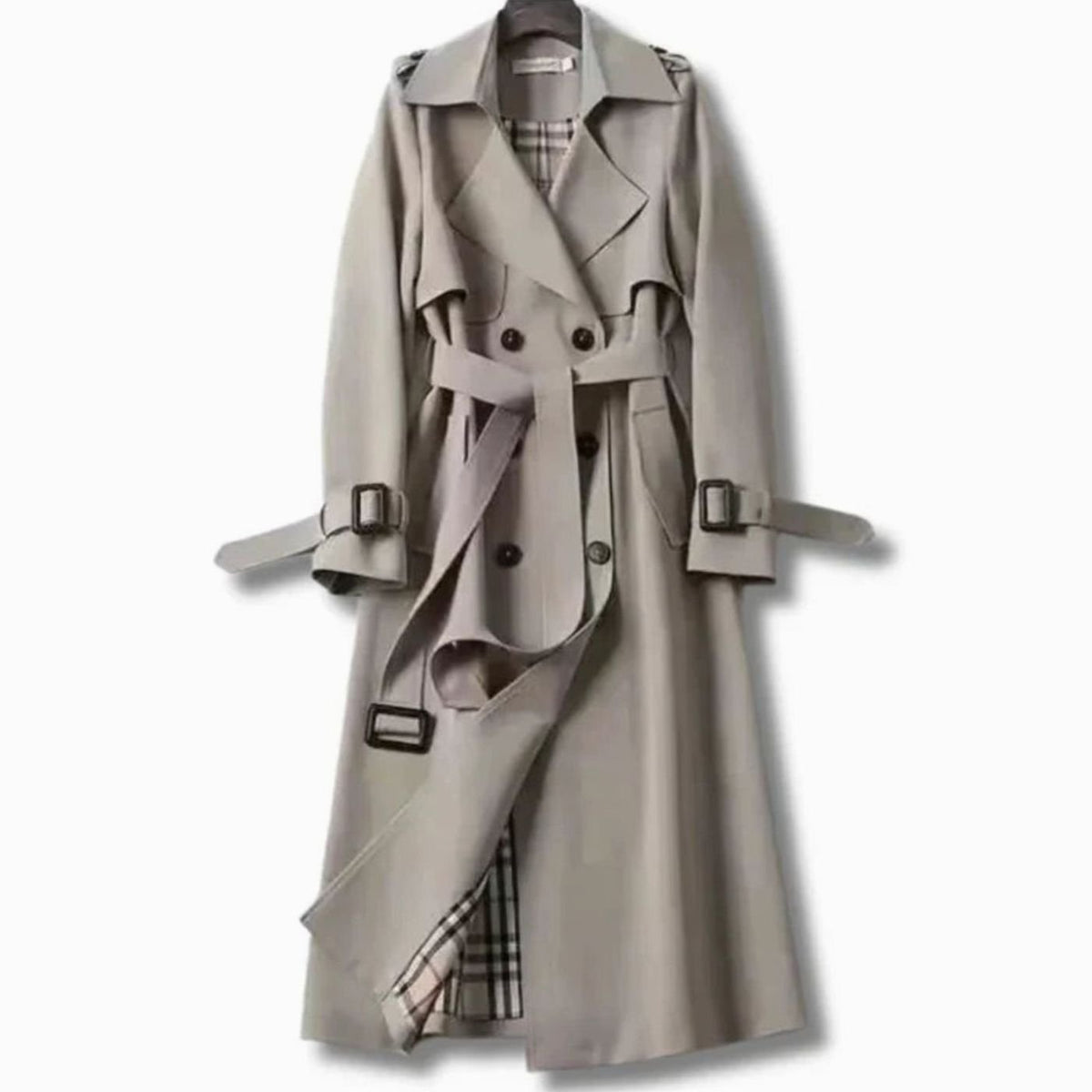Trench-coat long pour femme avec ceinture et doublure à carreaux 8