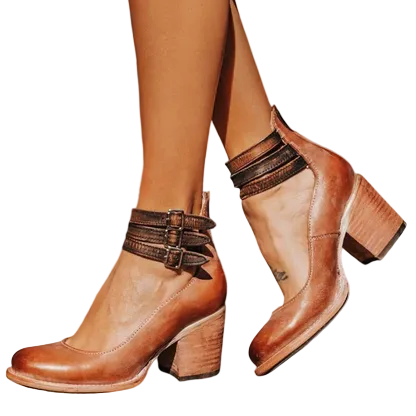 Bottines Fermées pour Femme avec Découpes Latérales, Trois Brides à Boucles et Talon Bloc