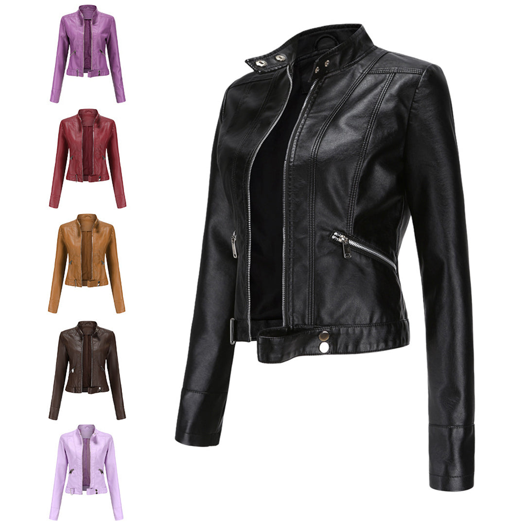 Veste motard pour femme avec col montant et fermetures éclair 15