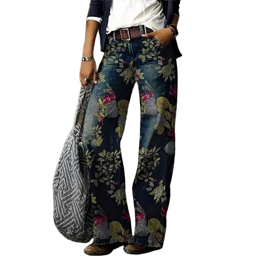 Pantalon Femme Coupe Droite avec Motif Imprimé et Passants de Ceinture