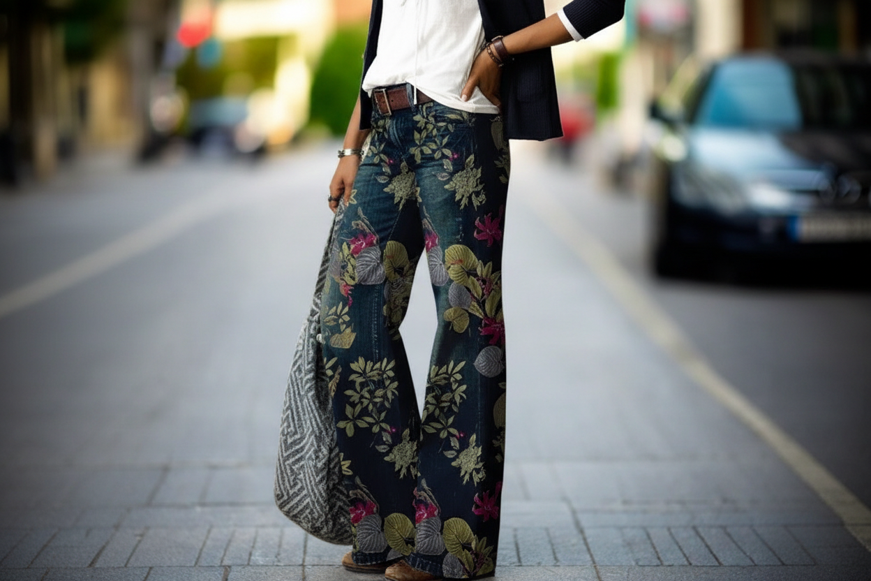 Pantalon Femme Coupe Droite avec Motif Imprimé et Passants de Ceinture