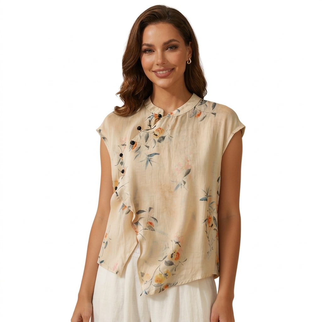Women Blouse Linen Sleeveless Mandarin Collar Button Placket 1
