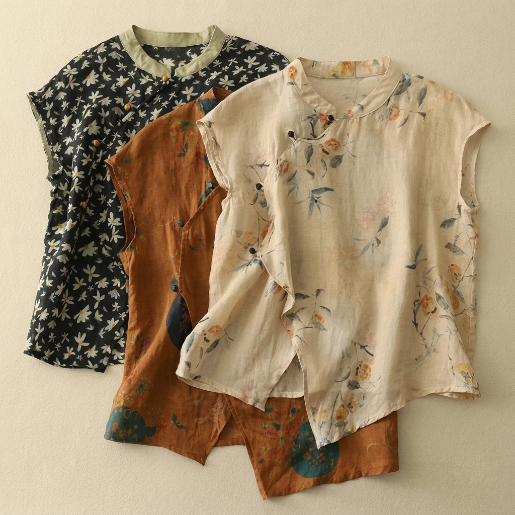 Women Blouse Linen Sleeveless Mandarin Collar Button Placket 5