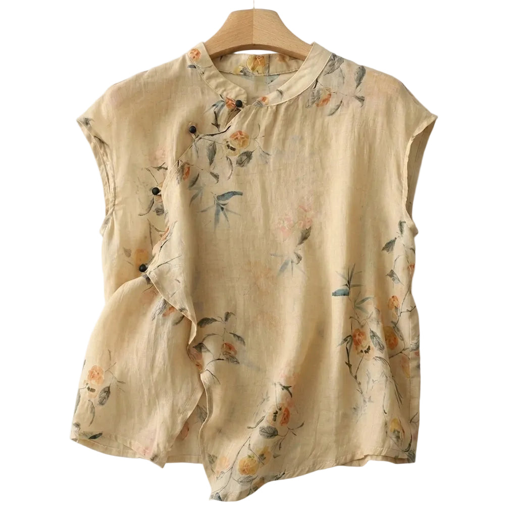 Femme Blouse en lin sans manches à col officier et patte de boutonnage asymétrique