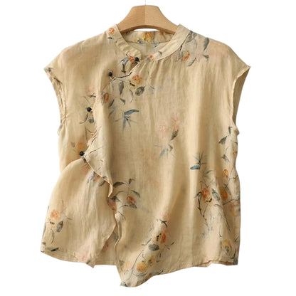 Femme Blouse en lin sans manches à col officier et patte de boutonnage asymétrique