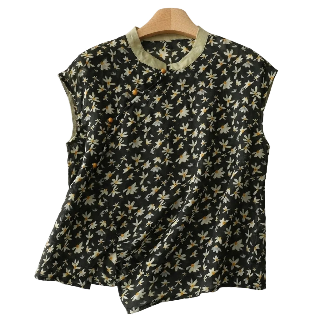 Femme Blouse en lin sans manches à col officier et patte de boutonnage asymétrique
