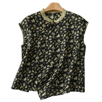 Femme Blouse en lin sans manches à col officier et patte de boutonnage asymétrique