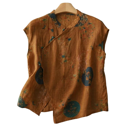 Femme Blouse en lin sans manches à col officier et patte de boutonnage asymétrique