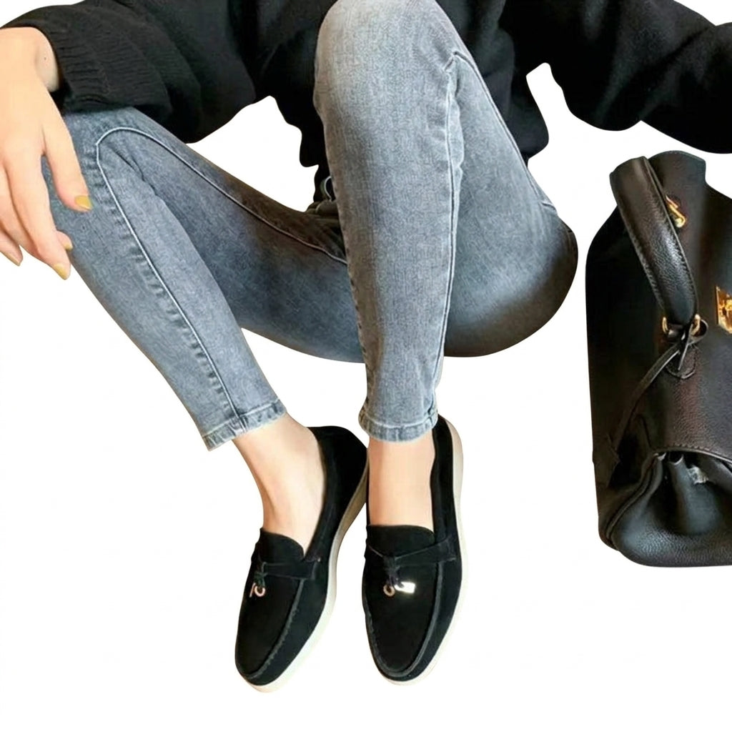 Women Loafers Slip-On Flat Low Profile Design Black