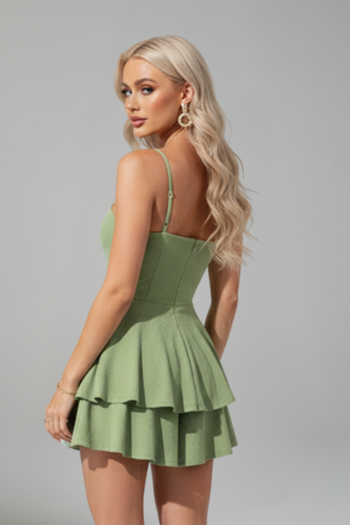 Femme Robe Courte à Bretelles Fines et Jupe à Deux Niveaux