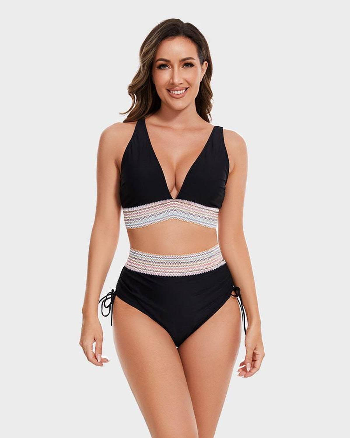 Femme Ensemble Bikini à Licou et Bas à Taille Haute avec Bandes Texturées et Liens Latéraux | imported-image-10