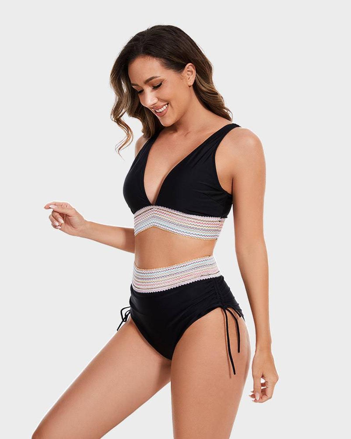 Femme Ensemble Bikini à Licou et Bas à Taille Haute avec Bandes Texturées et Liens Latéraux | imported-image-12