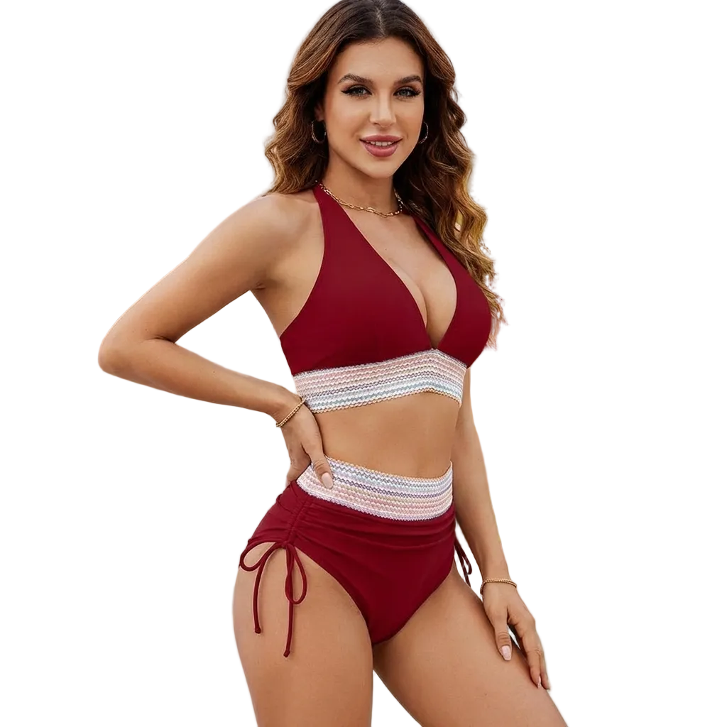 Femme Ensemble Bikini à Licou et Bas à Taille Haute avec Bandes Texturées et Liens Latéraux | imported-image-1