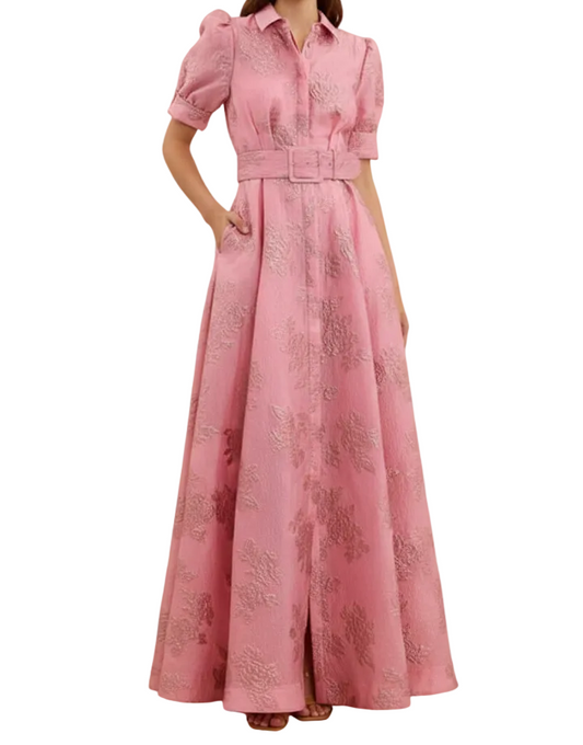 Robe longue pour femme avec patte de boutonnage, manches courtes et ceinture à la taille