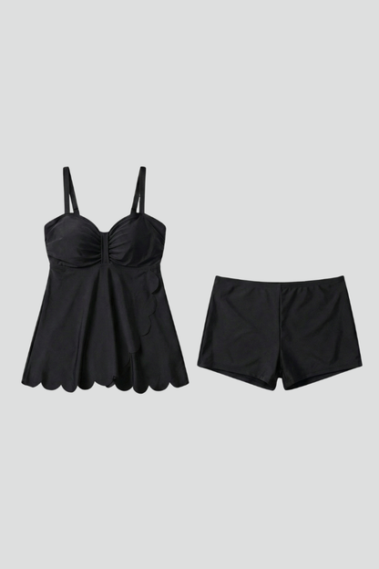 Femme Ensemble Deux Pièces avec Encolure Cœur et Finition Ondulée