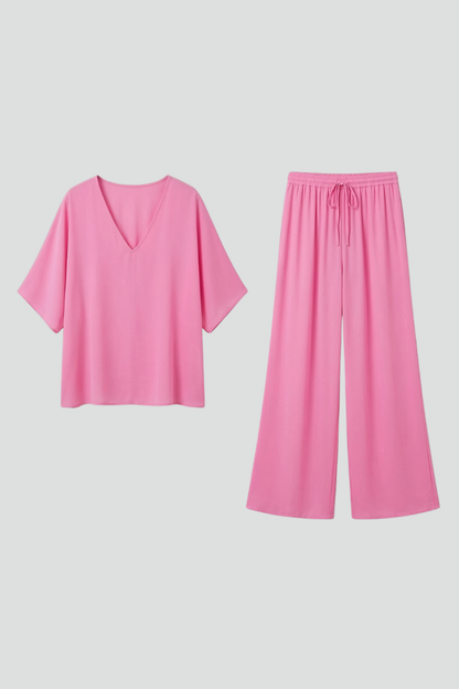 Ensemble deux pièces femme avec haut à col en V et pantalon large