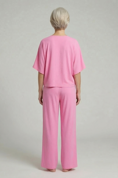 Ensemble deux pièces femme avec haut à col en V et pantalon large