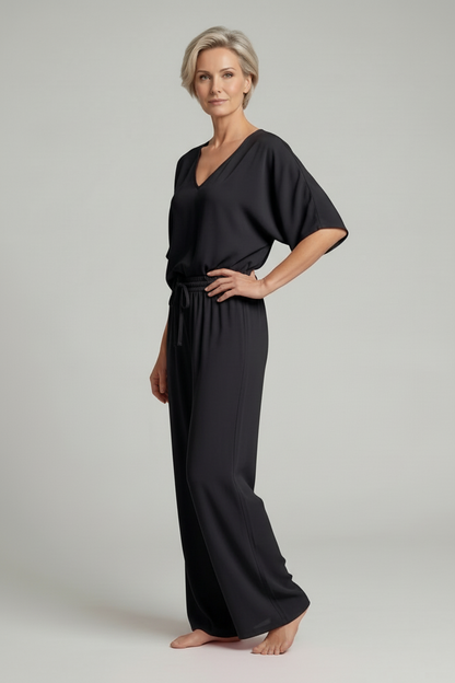 Ensemble deux pièces femme avec haut à col en V et pantalon large