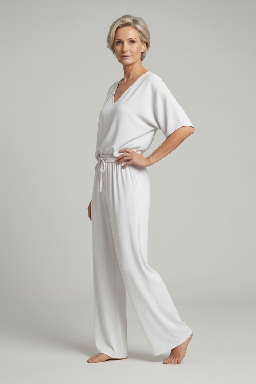 Ensemble deux pièces femme avec haut à col en V et pantalon large