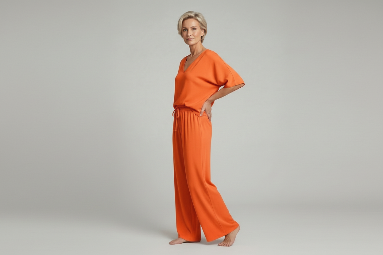 Ensemble deux pièces femme avec haut à col en V et pantalon large
