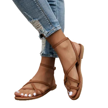Sandales Plates Femme avec Brides Croisées et Fermeture Zippée à l’Arrière