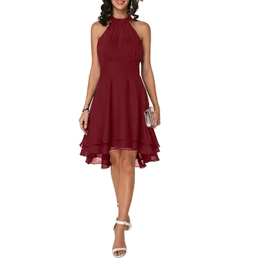 Robe Femme à Col Halter avec Jupe Évasée et Ourlet Superposé