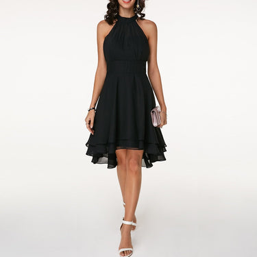 Robe Femme à Col Halter avec Jupe Évasée et Ourlet Superposé