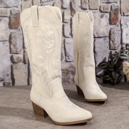 Bottes Femme Hauteur Genou avec Panneaux Brodés et Talon Bloc